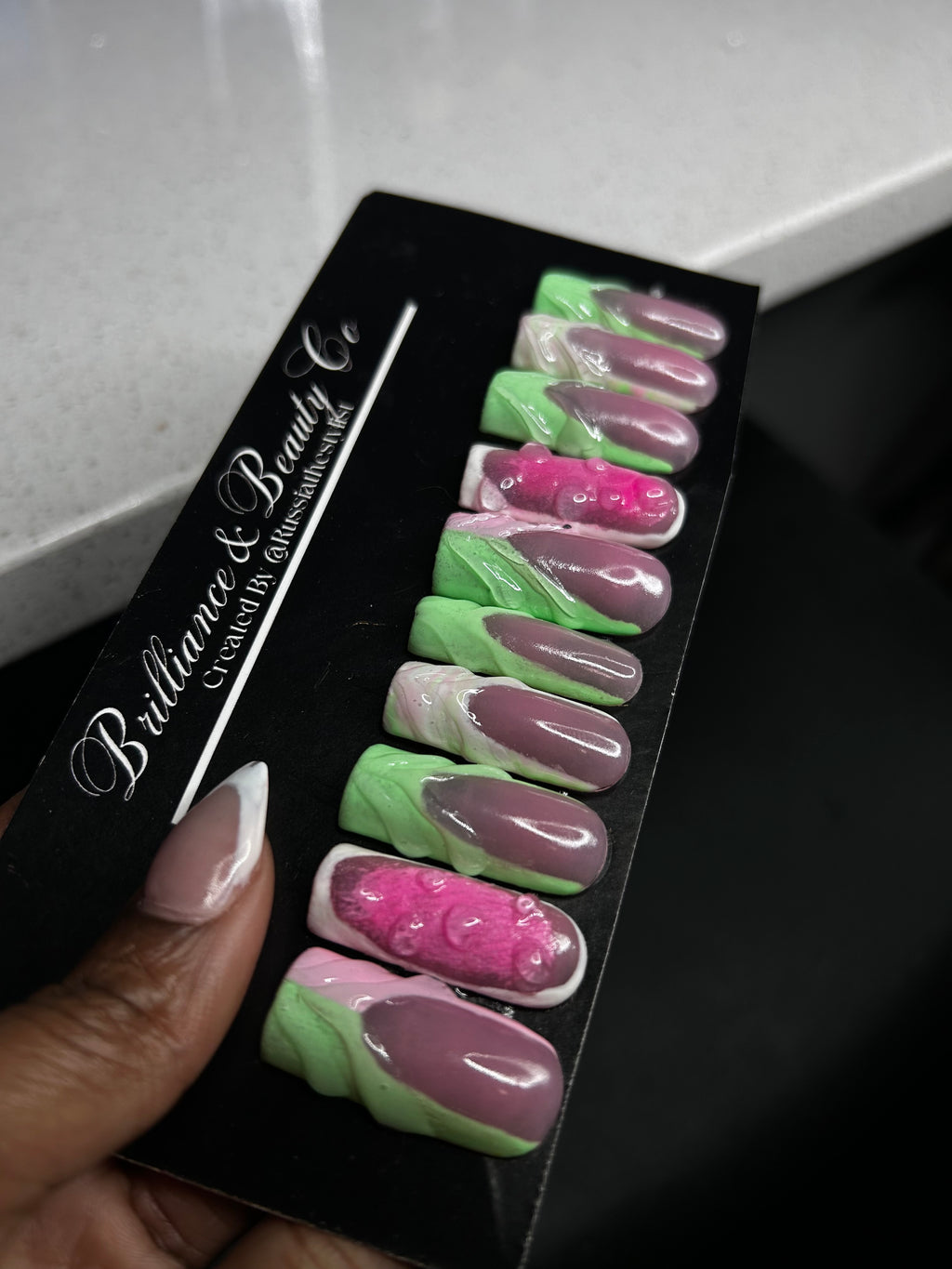 Pink & Green French Tip press on nails