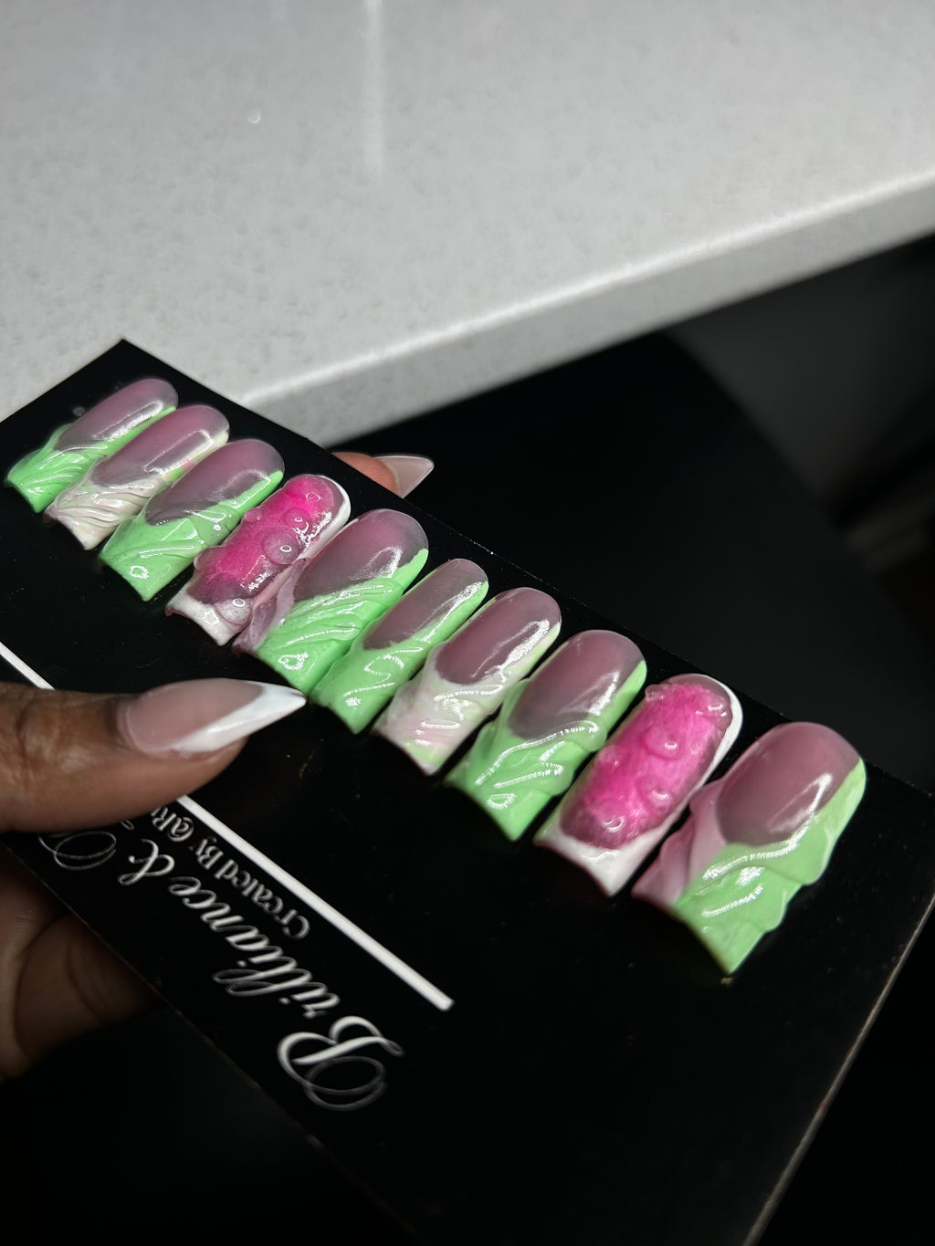 Pink & Green French Tip press on nails